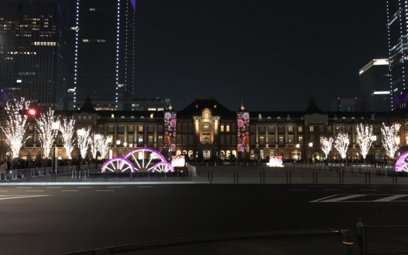 東京ミチテラス2017で花のプロジェクションマッピングが投映された東京駅